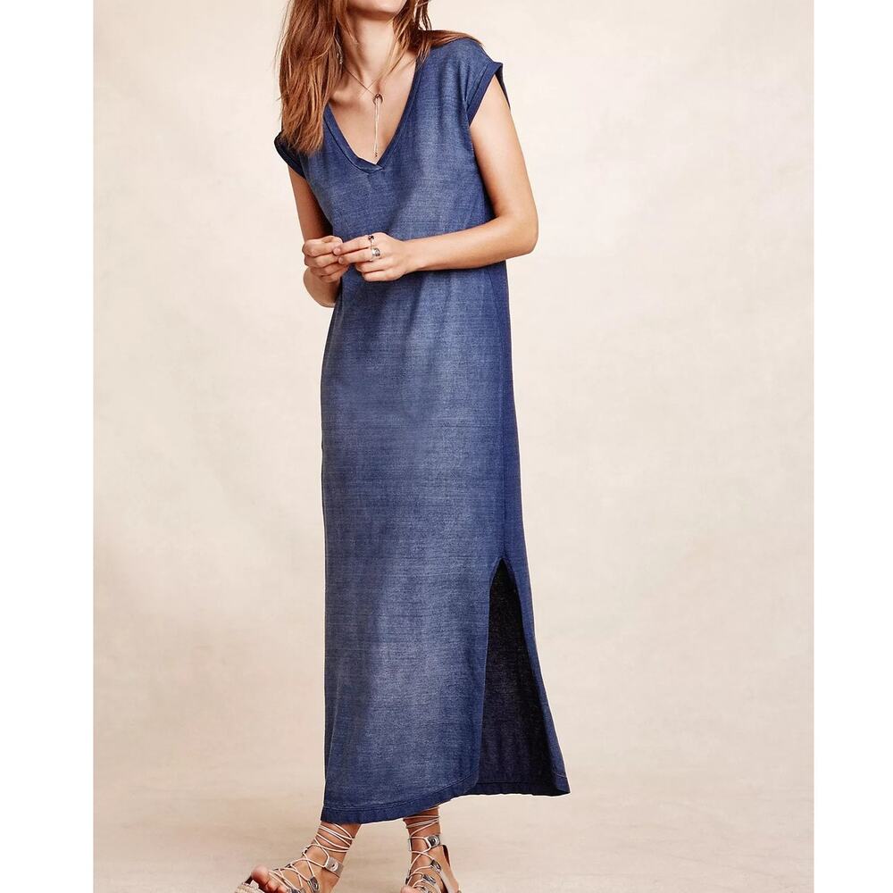 Cloth & Stone Nila T-Shirt Dress Blue Cotton V Neck Pullover Midi Women's XS